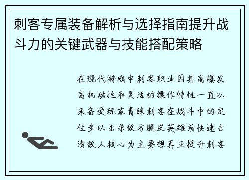 刺客专属装备解析与选择指南提升战斗力的关键武器与技能搭配策略