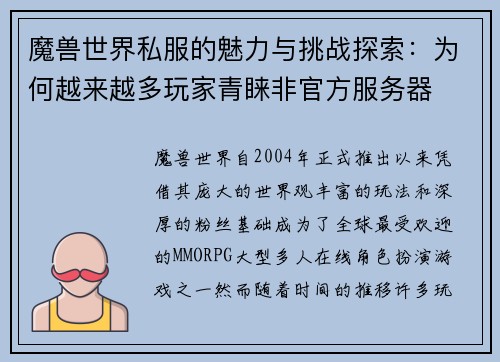 魔兽世界私服的魅力与挑战探索：为何越来越多玩家青睐非官方服务器
